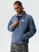MEDM Washed Cotton Detroit Zip Up Jacket in Blue - On Male Model
