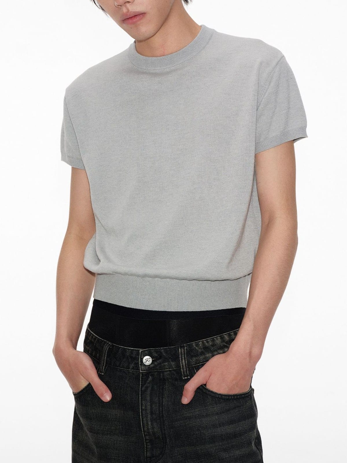 JCAESAR STUDIO Short Sleeve Knit Crewneck in Light Gray - On Male Model