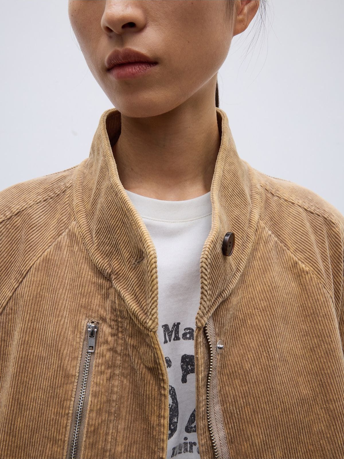 Random Piece Distressed Corduroy Cropped Jacket in Beige - On Female Model