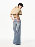 RARELY ALIKE Modal Blend Cape Trench Jacket in Beige - On Model