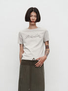 Random Piece Contrast Print Lace Trim T Shirt in Gray - On Female Model