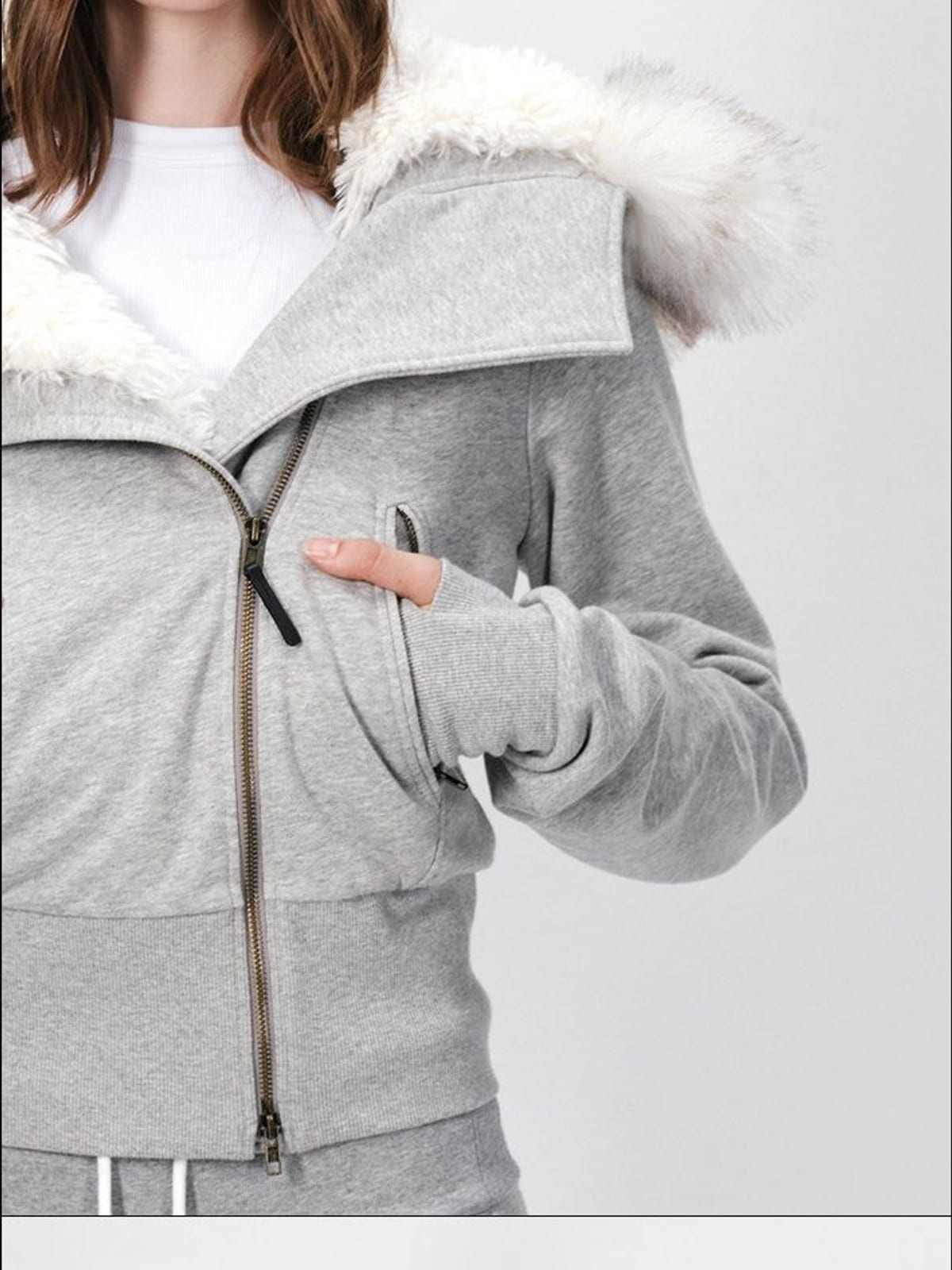 RARELY ALIKE Asymmetrical Faux Fur Trim Padded Jacket in Gray - On Female Model