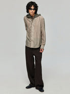 SIMPLE PROJECT Sheer Crinkled Plaid Ruffle Shirt in Khaki - On Male Model