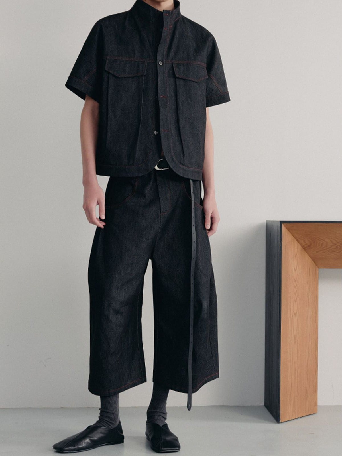 JCAESAR STUDIO Red Stitched Stand Collar Denim Shirt in Gray - On Male Model