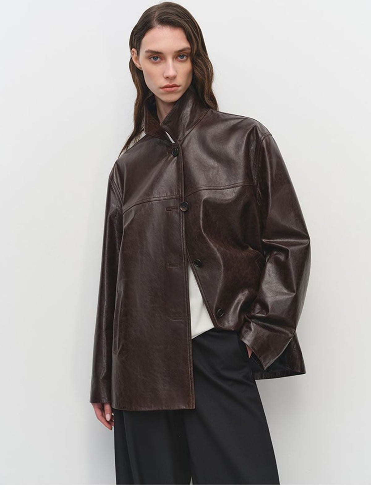 MSBEAST Oversized Lapel Sheepskin Jacket in Brown - On Female Model