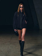 SMFK Vintage Wash Cotton Track Jacket in Black - On Female Model