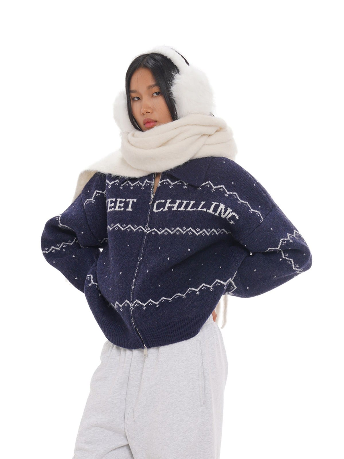 SweetChilling Fair Isle Zip Up Knit Jacket in Navy Blue - On Female Model