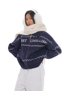 SweetChilling Fair Isle Zip Up Knit Jacket in Navy Blue - On Female Model