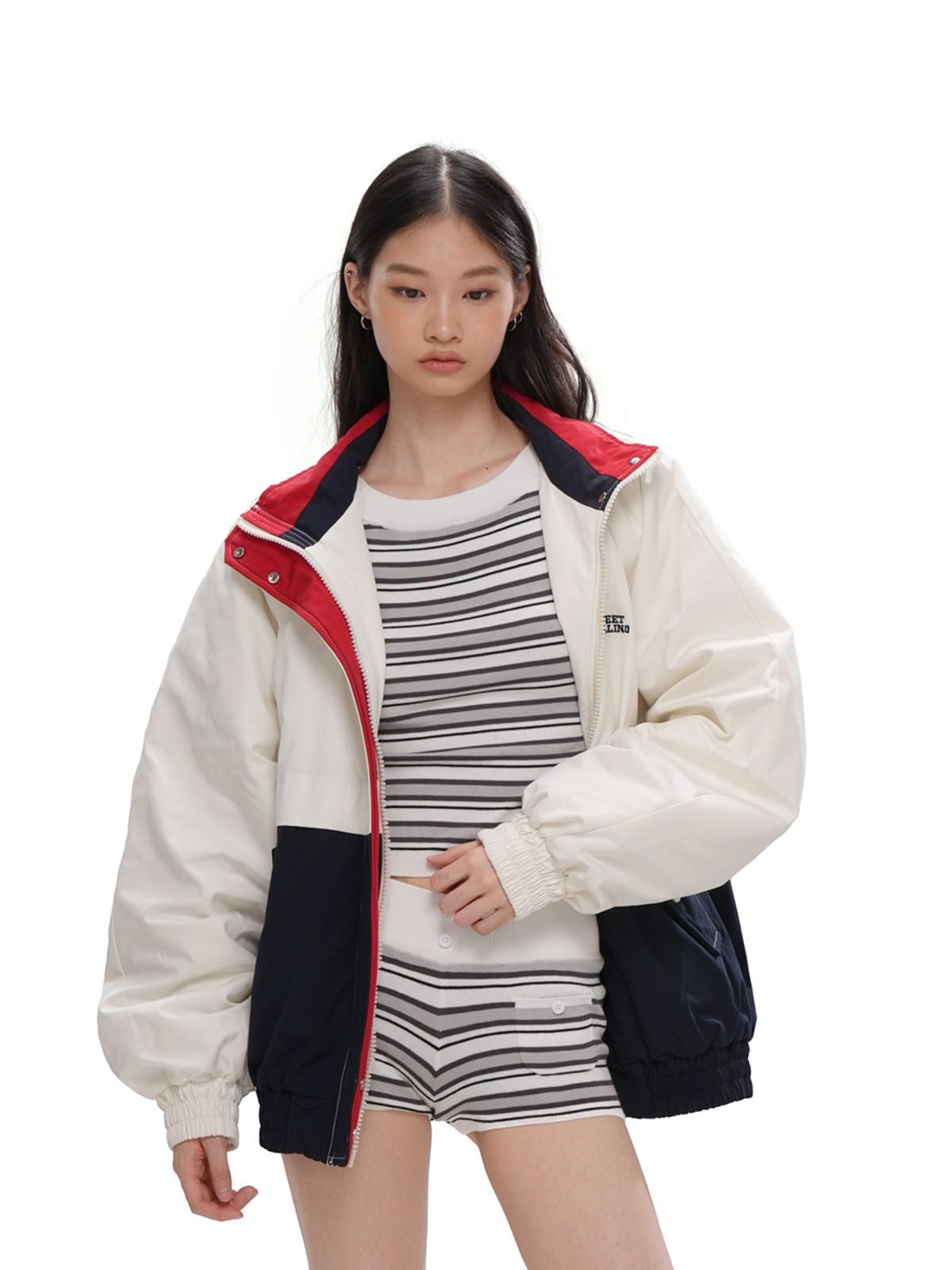 SweetChilling Color Block Quilted Jacket in Navy Blue - On Female Model