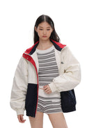 SweetChilling Color Block Quilted Jacket in Navy Blue - On Female Model