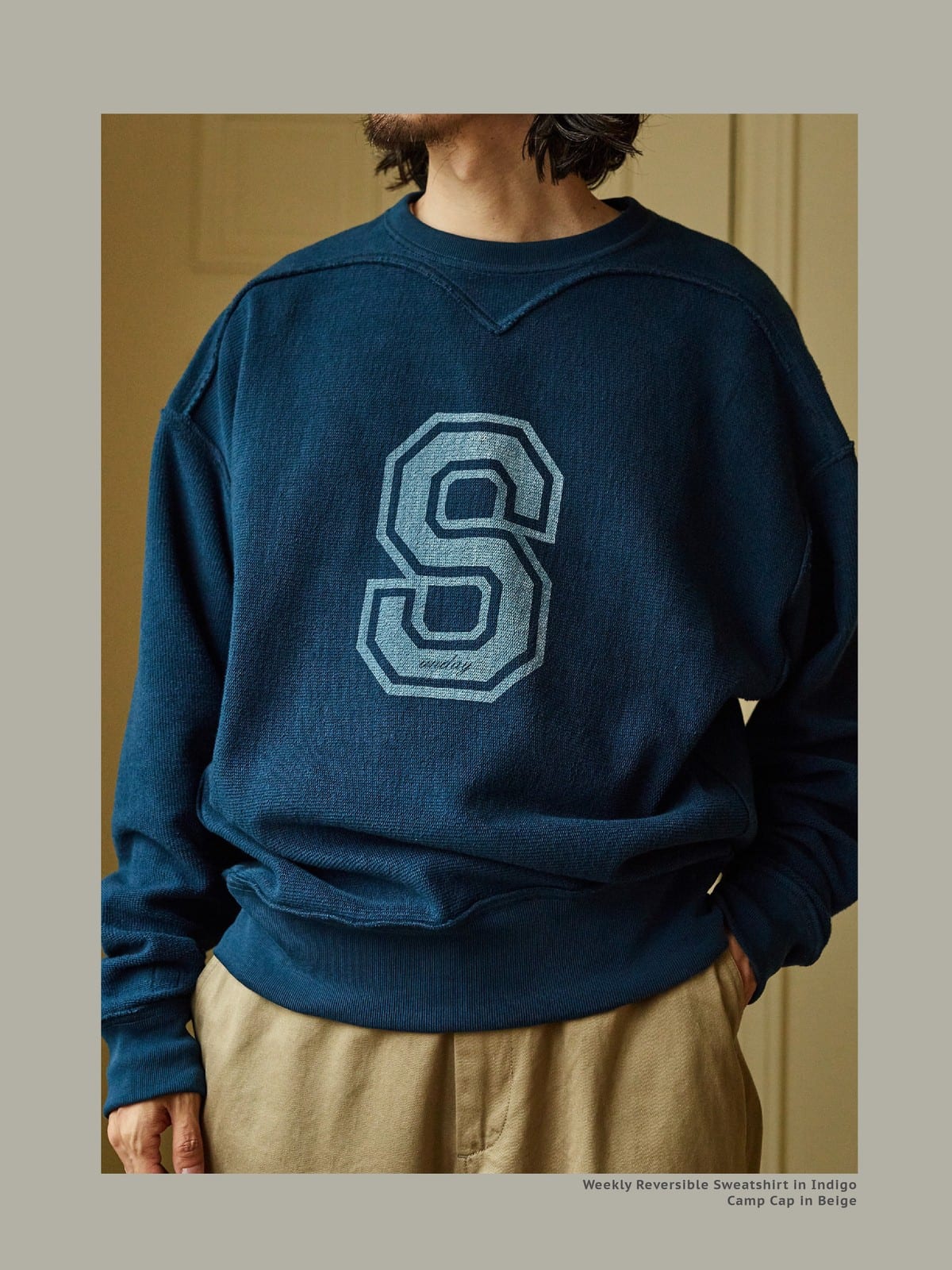 USAGE Reversible Cotton Crewneck Sweatshirt in Blue - On Male Model