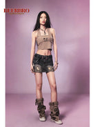 BeerBro Studded Distressed Denim Mini Skirt in Denim - On Female Model