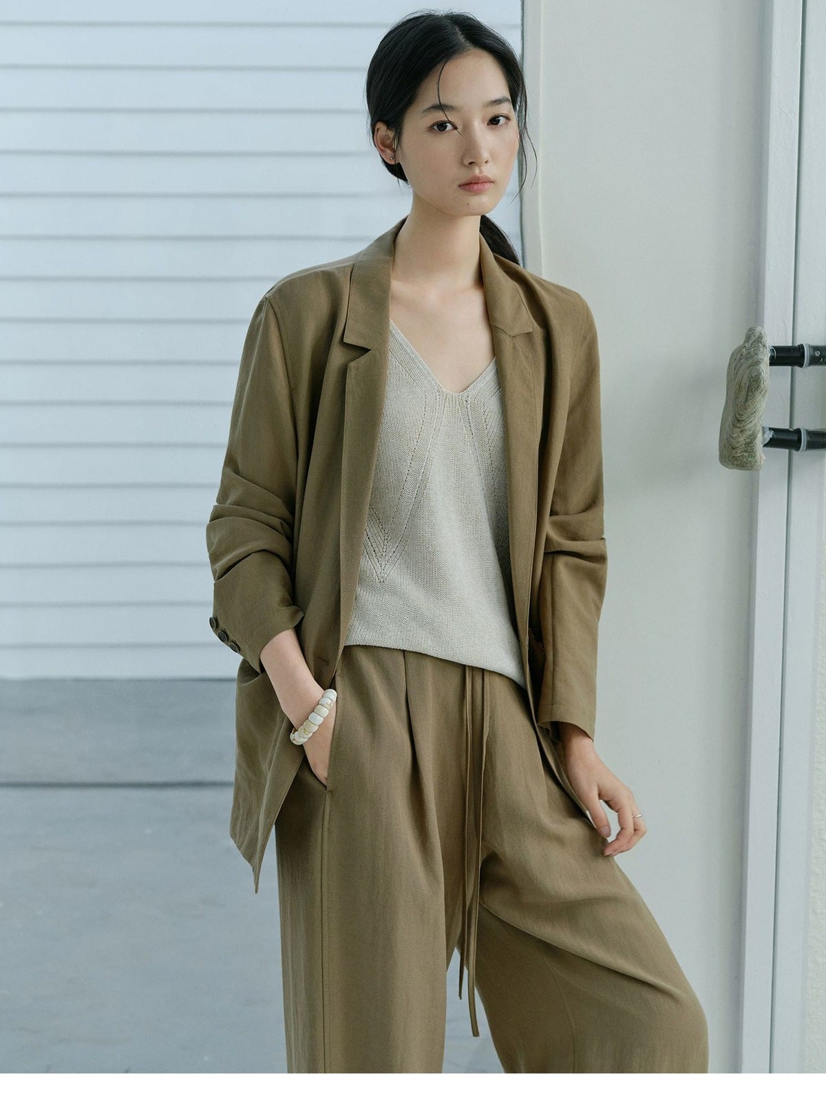 TEASEL Lyocell Blend Blazer Trouser Set in Olive - On Female Model
