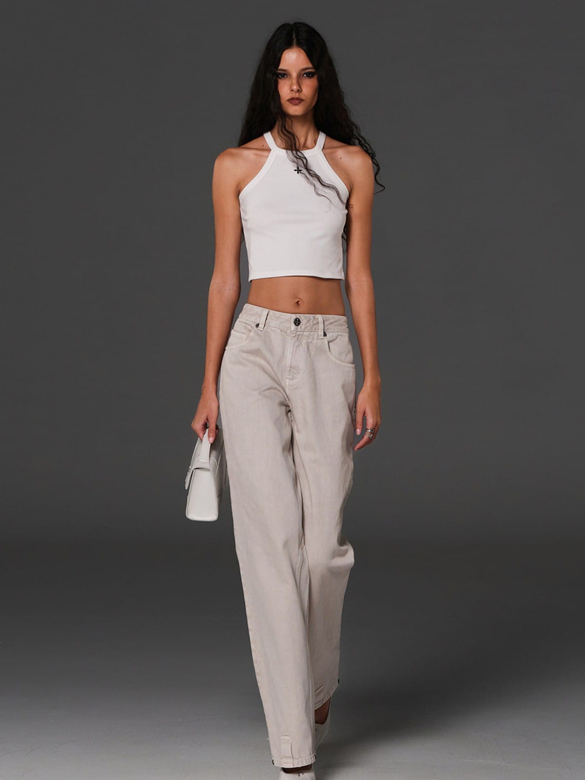 SMFK Vintage Wash Straight Leg Jeans in Light Gray - On Female Model