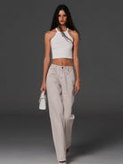 SMFK Vintage Wash Straight Leg Jeans in Light Gray - On Female Model