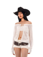 SweetChilling Sheer Jacquard Tie Front Cardigan in Off-White - On Female Model