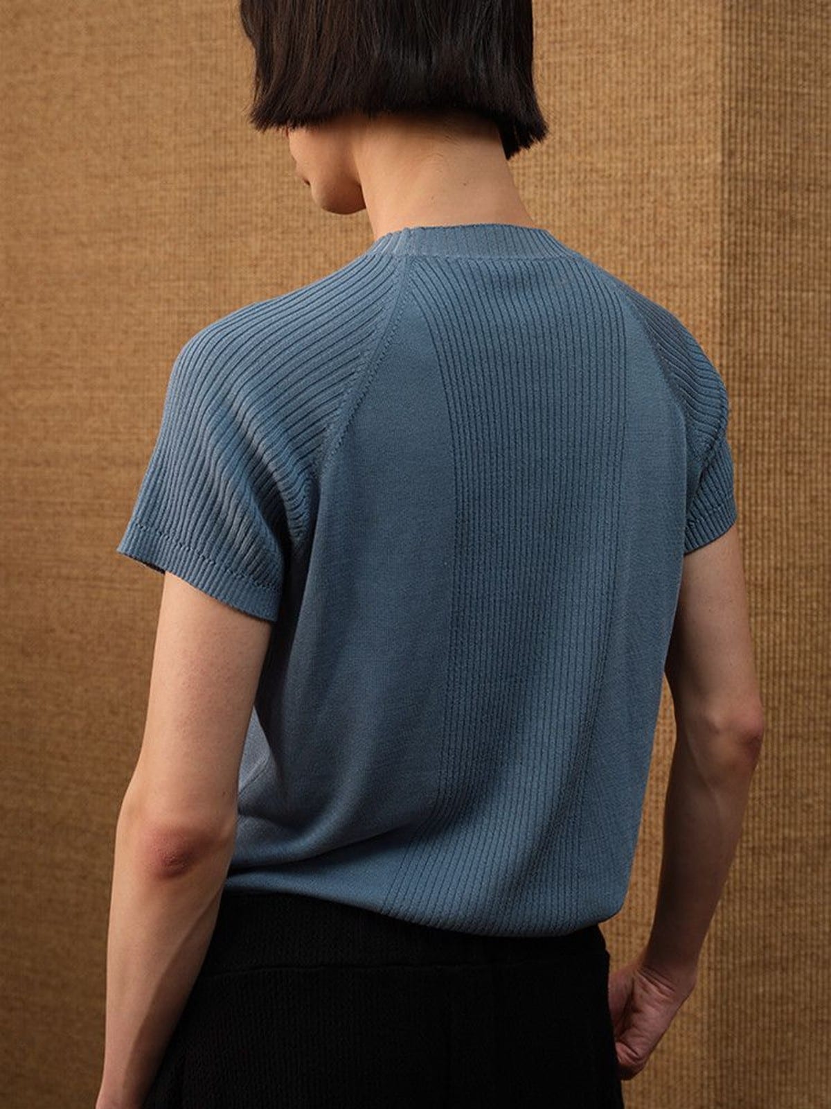JCAESAR STUDIO Ribbed Ice Silk Raglan T Shirt in Blue - On Model