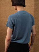 JCAESAR STUDIO Ribbed Ice Silk Raglan T Shirt in Blue - On Model