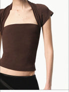 RARELY ALIKE Modal Mock Two Piece T Shirt in Brown - On Female Model