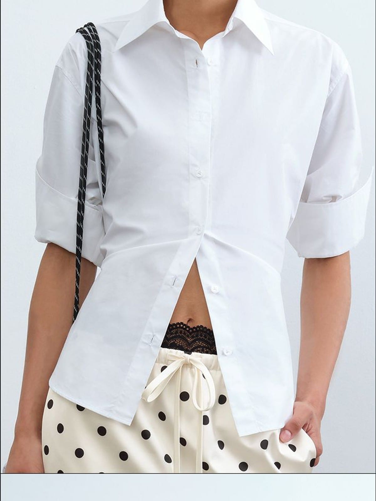 RARELY ALIKE Two Way Tie Waist Cotton Shirt in White - On Female Model