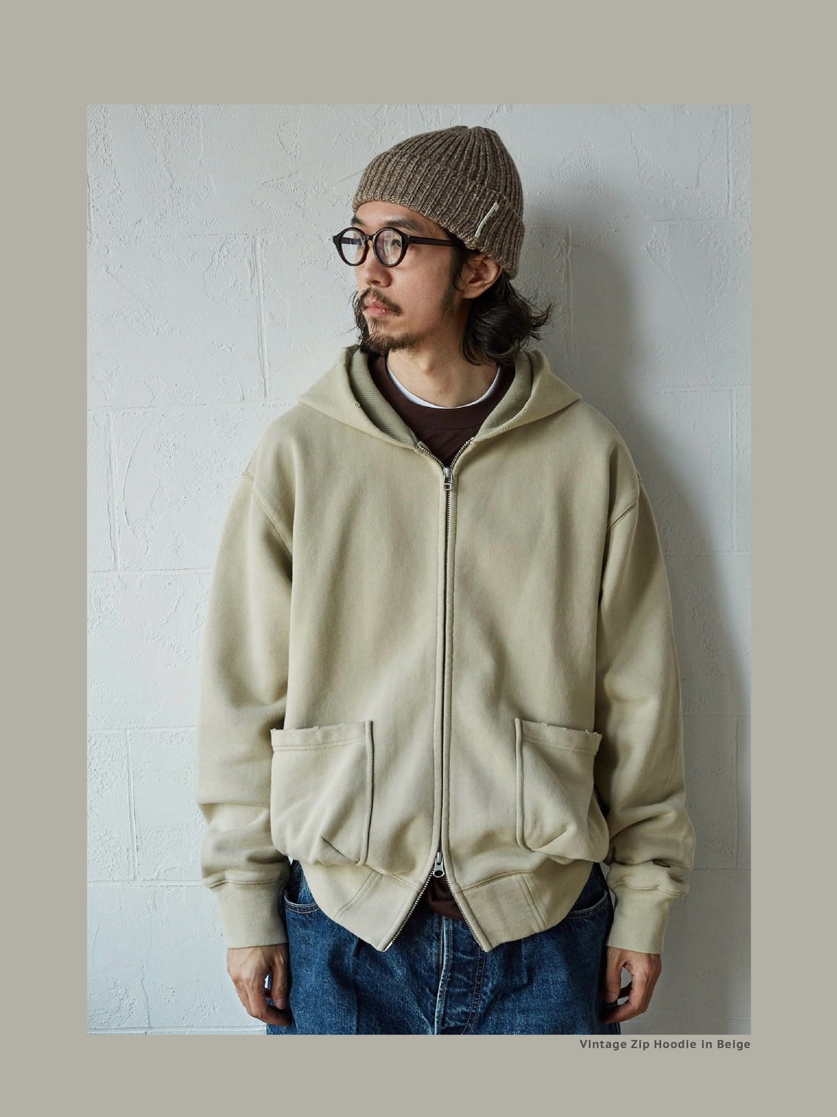 USAGE Hand Distressed Washed Zip Hoodie in Beige - On Male Model