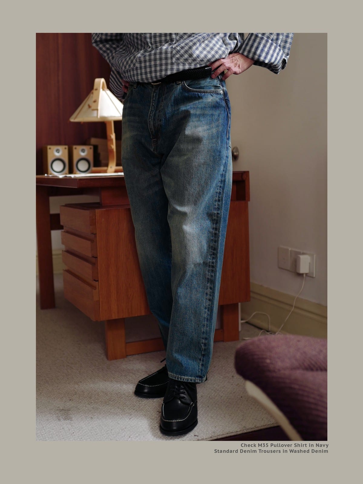 USAGE Heavily Washed Selvedge Denim Jeans in Washed Denim - On Model