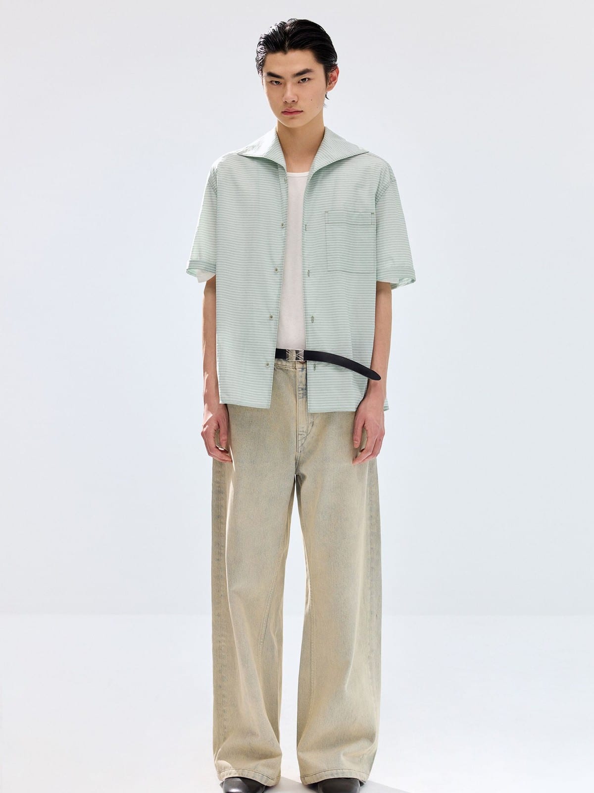 SIMPLE PROJECT Striped One Piece Collar Shirt in Mint - On Male Model