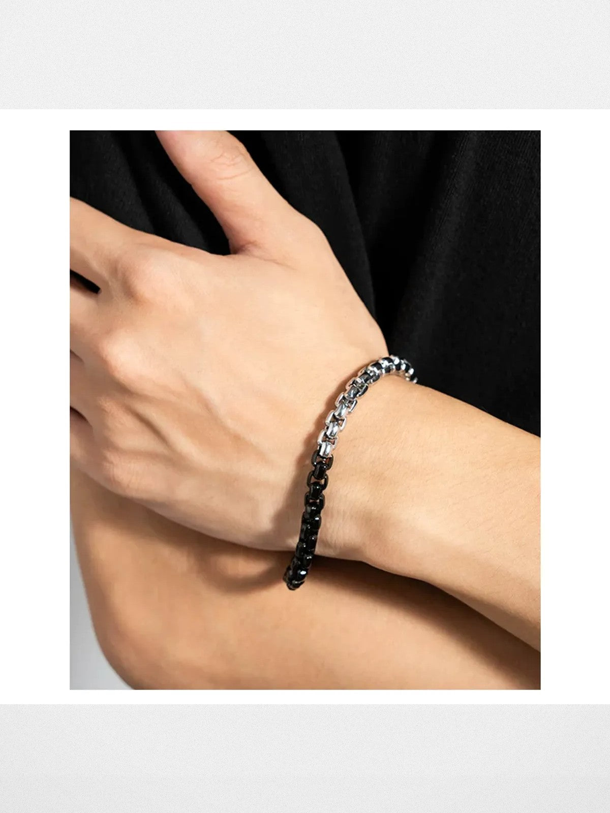 BLACKHEAD Two Tone Steel Box Chain Bracelet in Black - On Male Model