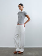 RARELY ALIKE Cotton Blend Crew Neck T Shirt in Gray - On Female Model