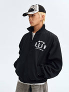 MEDM Nylon Stand Collar Coach Jacket in Black - On Male Model
