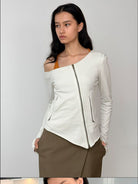 RARELY ALIKE Asymmetric Off Shoulder Sweatshirt in White - On Female Model