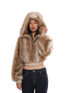 SweetChilling Faux Fur Hooded Cropped Jacket in Brown - On Female Model