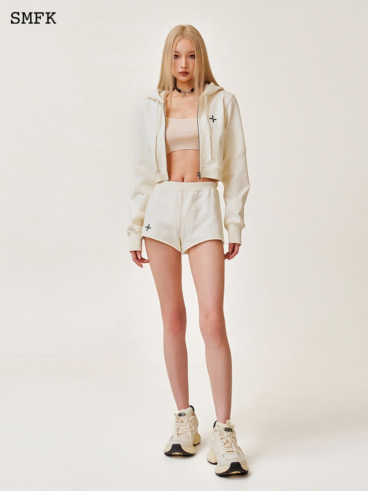 SMFK Low Rise Ribbed Cotton Shorts in White - On Female Model