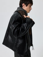 SIMPLE PROJECT Faux Leather Shearling Collar Jacket in Black - On Male Model