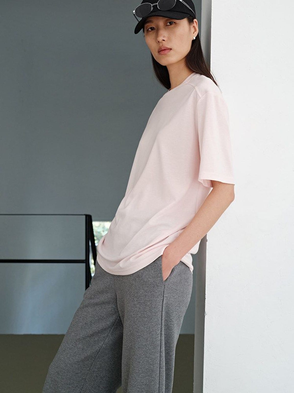 MSBEAST Oversized Lyocell Wool Blend T Shirt in Pink - On Female Model
