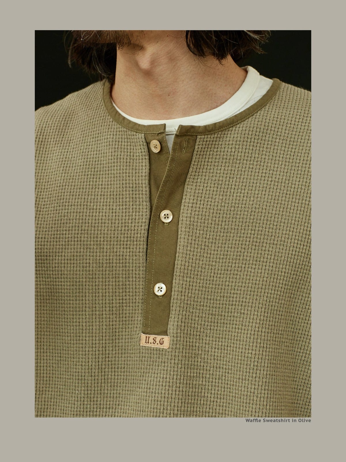 USAGE Heavyweight Waffle Knit Henley Sweatshirt in Olive - On Male Model