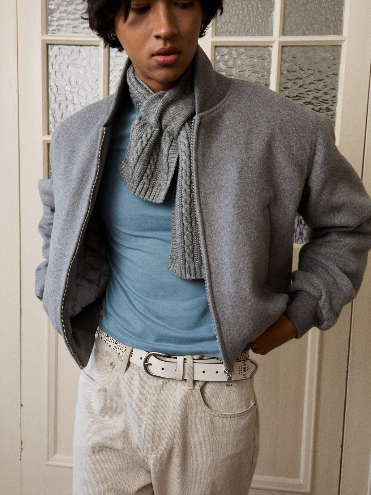 Retro 21 3M Thinsulate Wool MA 1 Jacket in Gray - On Male Model