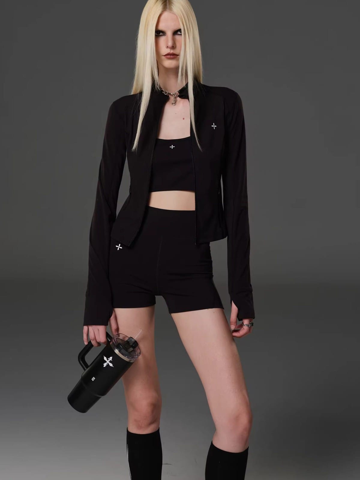 SMFK Zip Up Long Sleeve Active Jacket in Black - On Female Model