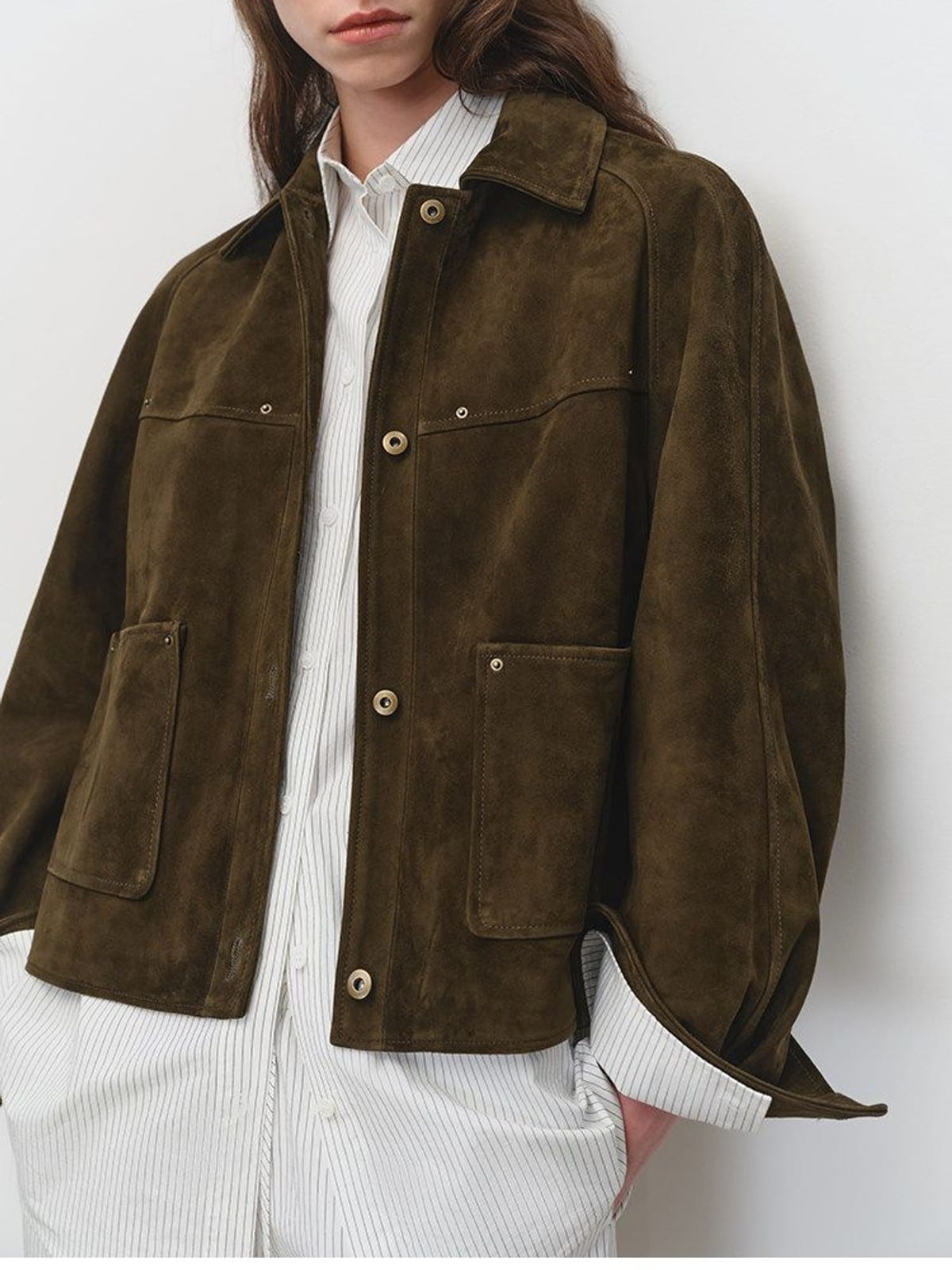 MSBEAST Cropped Suede Goatskin Jacket in Brown - On Female Model