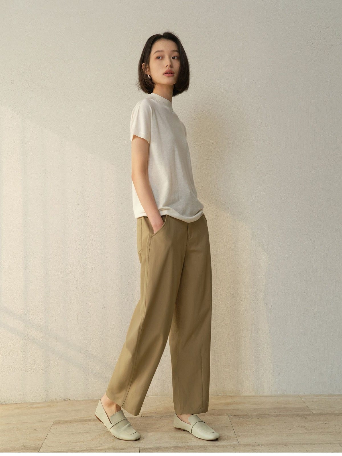 TEASEL Half Elastic Solotex Cocoon Pants in Beige - On Female Model