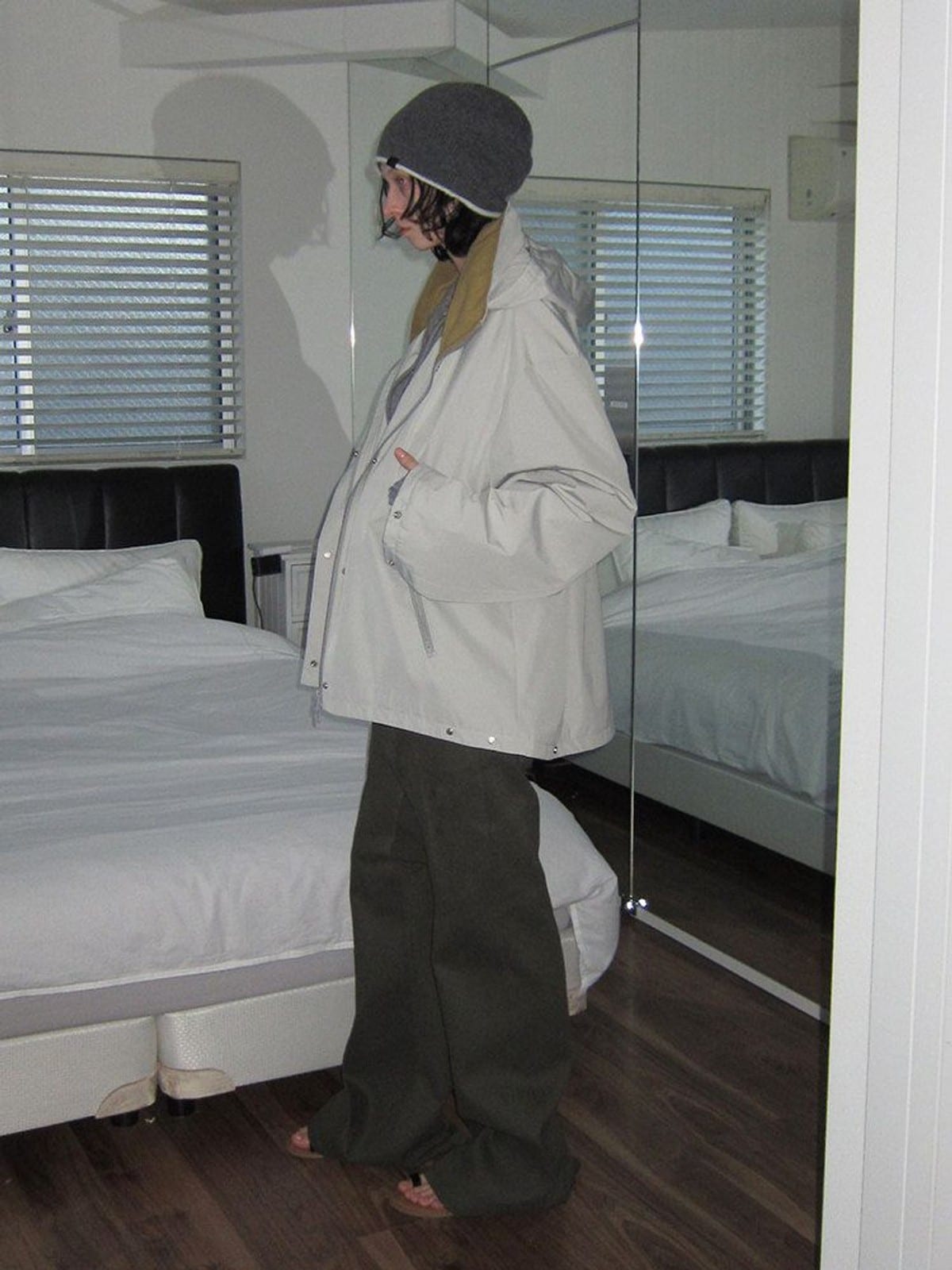 RARELY ALIKE Fleece Lined Hooded Windbreaker in Gray - On Female Model