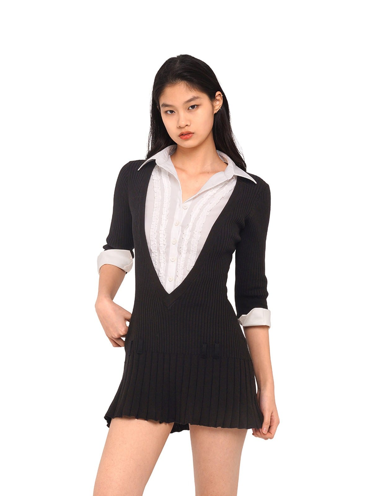 SweetChilling Layered V Neck Pleated Mini Dress in Black - On Female Model