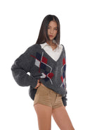 SweetChilling Argyle Jacquard V Neck Sweater in Gray - On Female Model