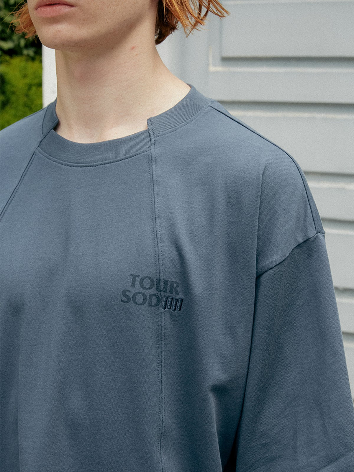 SOD Online Store Deconstructed Panel Cotton T Shirt in Teal - On Male Model