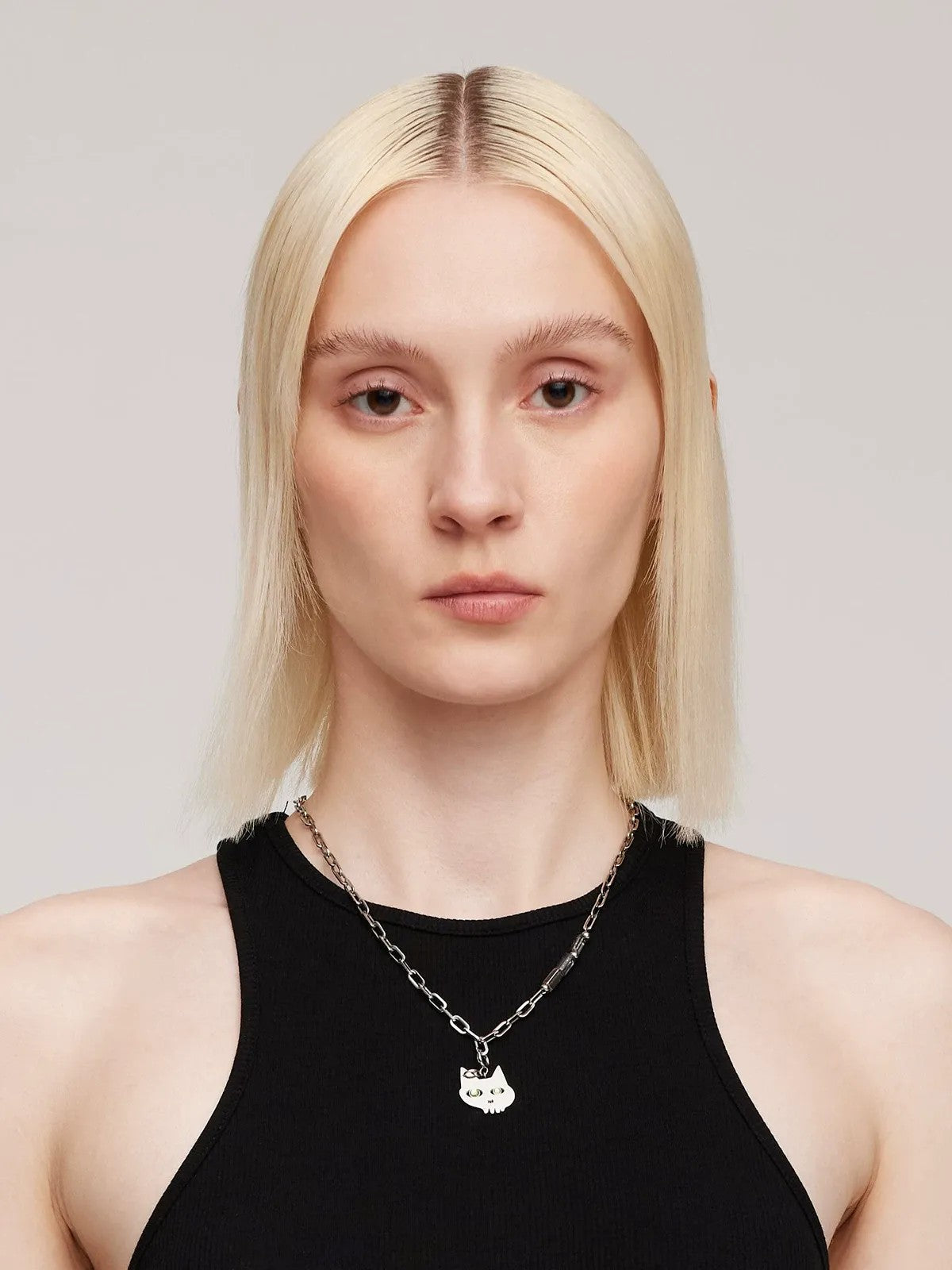 BLACKHEAD Green Eyed Cat Pendant Necklace in Gray - On Female Model
