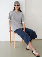 MSBEAST Color Block Cuff Cotton Blend T Shirt in Gray - On Female Model