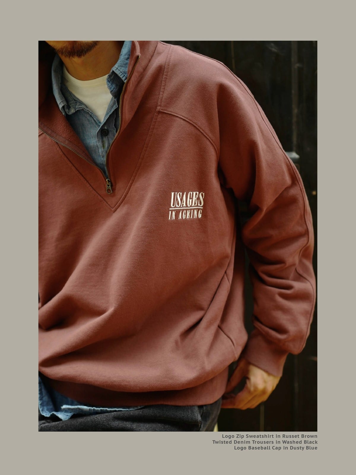 USAGE Heavyweight Cotton Half Zip Sweatshirt in Brown - On Male Model