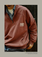 USAGE Heavyweight Cotton Half Zip Sweatshirt in Brown - On Male Model
