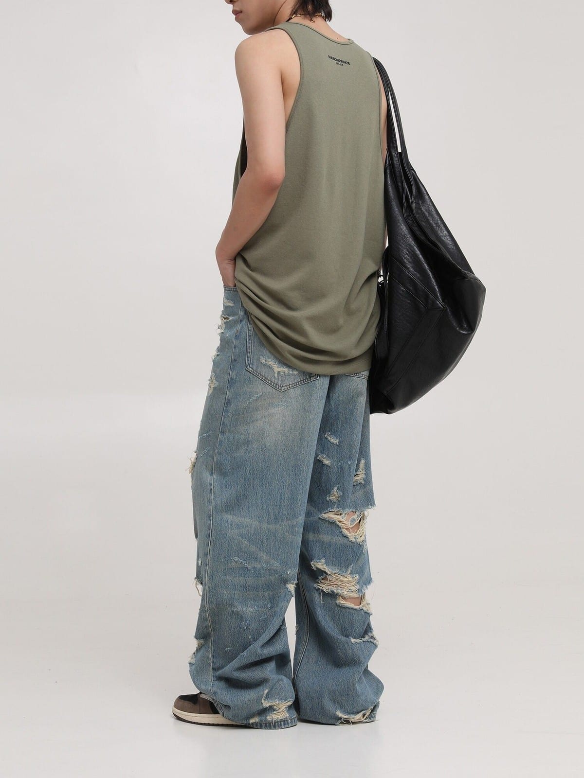 MASONPRINCE High Waisted Distressed Straight Leg Jeans in Blue - On Model