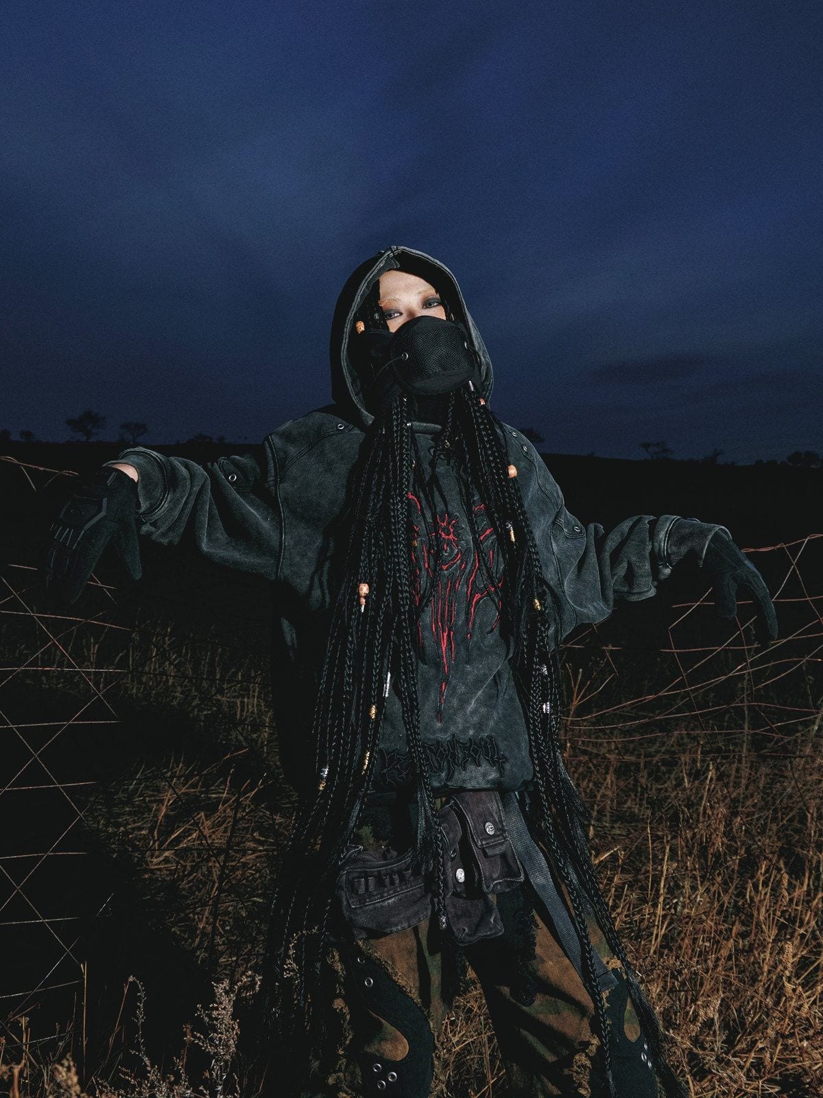 PERSONSOUL 3D Embroidered Distressed Hoodie in Gray - On Model